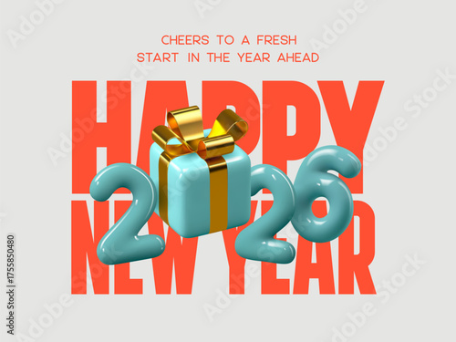 Happy New Year 2026 greeting with shiny blue numbers, golden gift box, and bold red typography on light background. Modern festive design for winter holiday celebration. Vector illustration.
