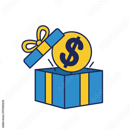 Vector business icon of a money gift, with a golden dollar coin emerging from a surprise present box. Symbol for financial bonus, prize, or savings