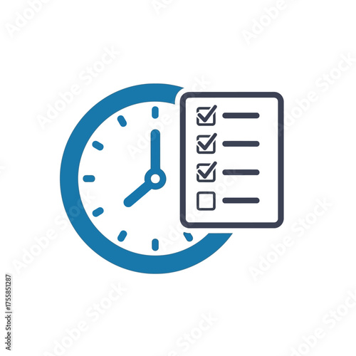 A blue clock face with hands pointing to 900, next to a checklist with four items, three of which are ticked