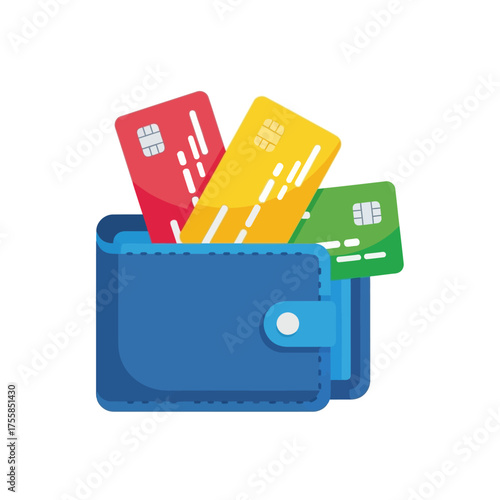 Blue wallet icon filled with colorful credit cards, a business symbol for finance, shopping, and secure online payments. Flat vector design on a white background