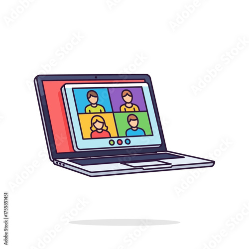 Online Meeting Illustration Laptop Screen Displaying Video Conference Participants