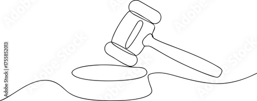 Single line drawing of a gavel on a sounding block