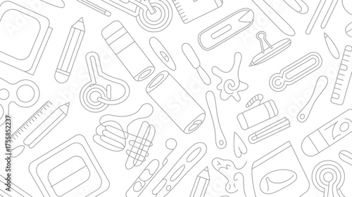 Seamless pattern of outlined stationery items including pencils rulers and erasers on a white background