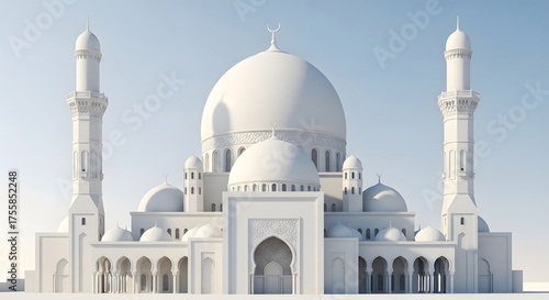 White Islamic Mosque with Domes and Minarets Under Clear Sky