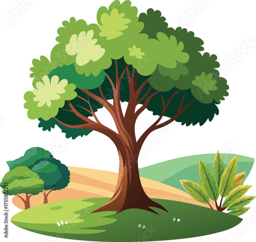 Vibrant cartoon illustration of a large leafy tree in a sunny meadow with rolling hills