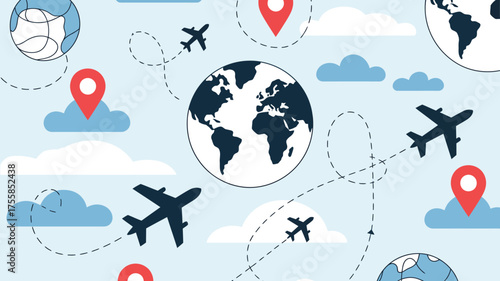 Seamless pattern of planes flying around the world with location pins and clouds on a light blue background