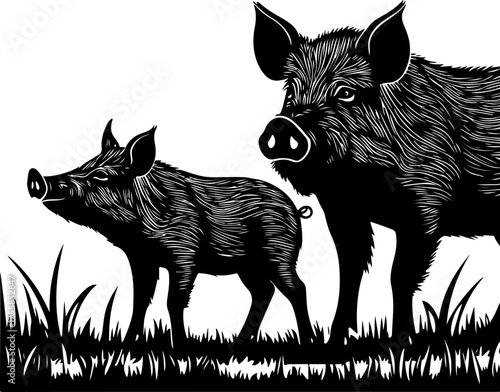 Wild Boar Family Silhouette