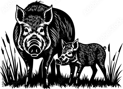 Wild Boar Family Silhouette