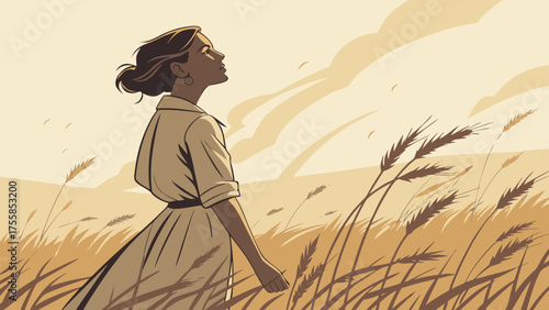 Woman in wheat field illustration looking up at the sky art design | editable svg