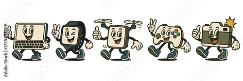 Vintage technology mascots featuring computer gadgets like smartwatch drone camera and game controller characters