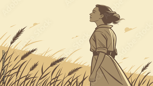 Illustration of woman in field enjoying nature and freedom vector design | editable svg