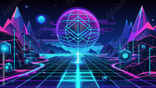 Retro wave landscape neon grid synthwave art futuristic background design | editable svg
