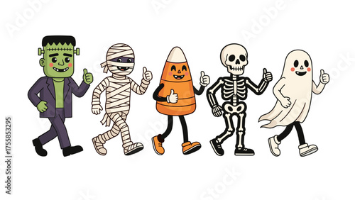 Frankenstein mummy candy corn skeleton and ghost characters giving thumbs up, perfect for halloweenthemed designs, invitations.