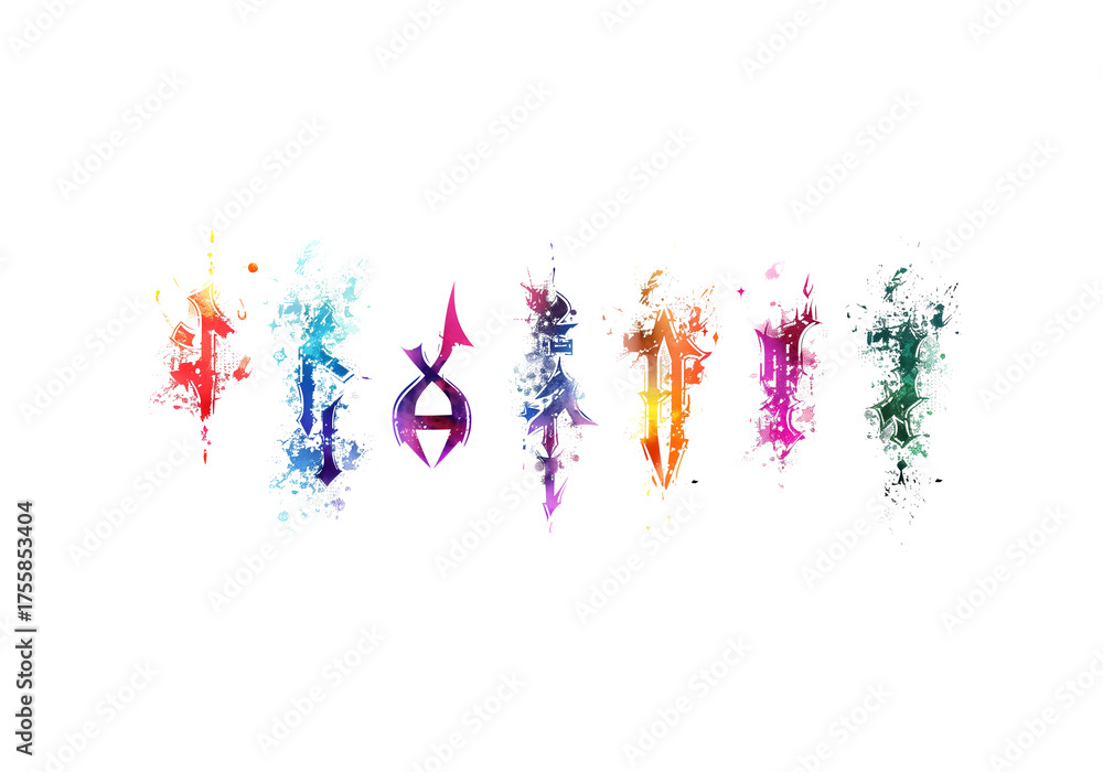 Fototapeta premium antasy rune symbols drawn with ink splashes, watercolor drips, g