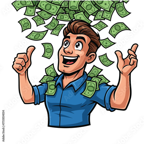 Enthusiastic guy celebrates financial freedom as money rains down, showcasing success and wealth in a vibrant, optimistic cartoon style