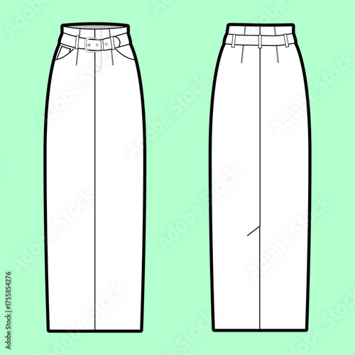 Long Skirt Comparison – Dual Technical Flat Sketch with Belted Waist, Front Pockets, and Seam Detail Variation
