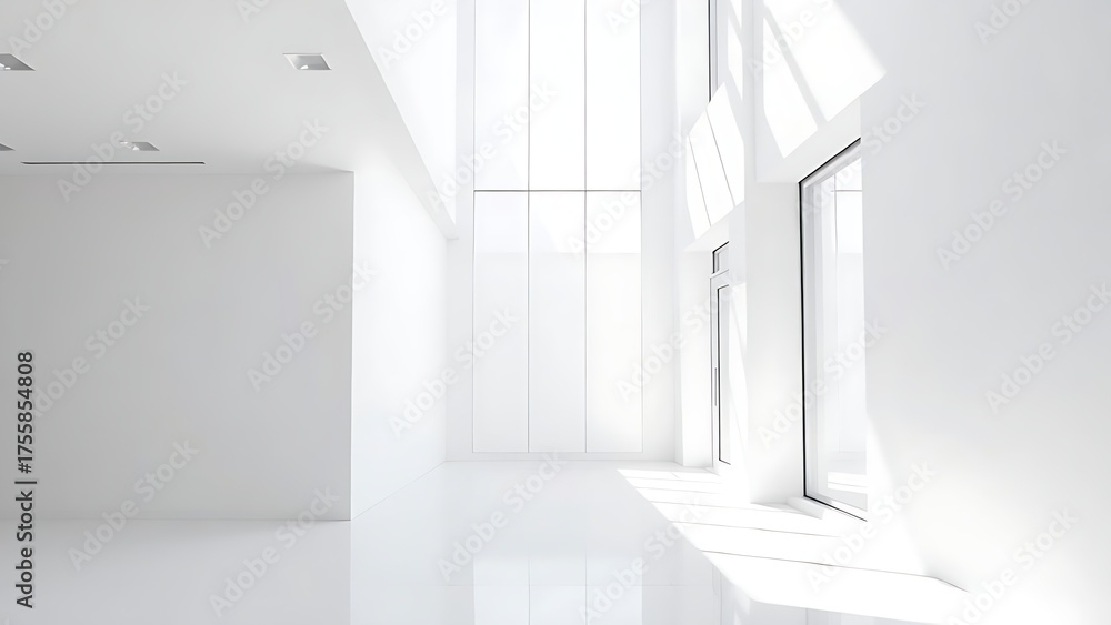 Fototapeta premium Modern white office corridor with large windows and clean lines.