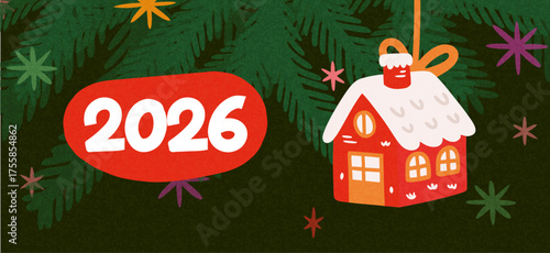 Merry Christmas and Happy New Year greeting card or banner. Modern beautiful Xmas design with typography, Christmas tree branches, balls and toys. Art poster, cover, decor templates	
