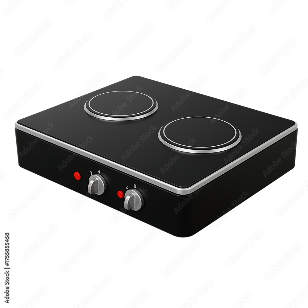 Fototapeta premium Black electric stovetop with two burners and controls on transparent background