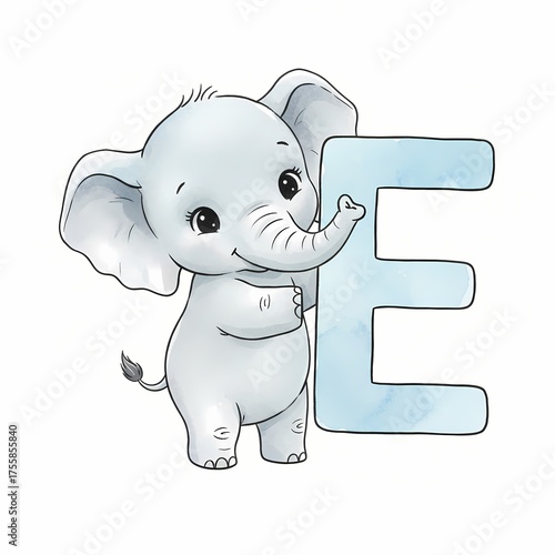 Pastel Baby Elephant Holding Letter E, Whimsical Watercolor Alphabet