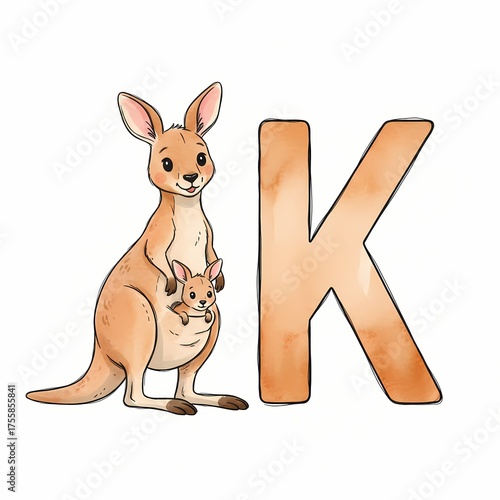 K for Kangaroo: Mother & Joey Watercolor Alphabet Kids Art