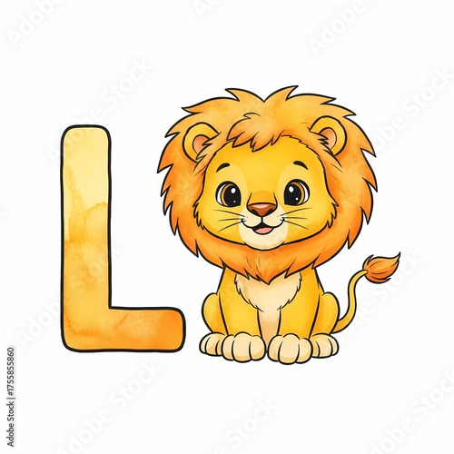 Playful Lion Cub & Letter L Children's Watercolor Illustration Alphabet