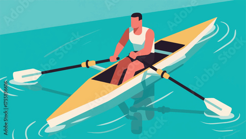 Illustration Of Rower In A Single Scull, Gliding Across Calm Water, With Oars Vector Design Template