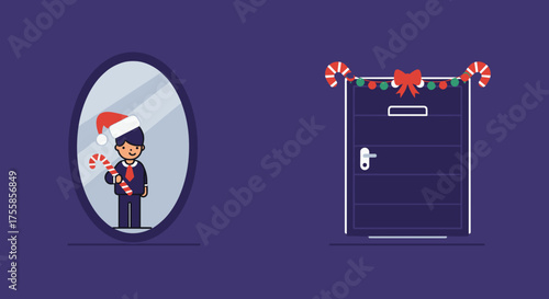 A reflection of a young man wearing a Santa hat holding a candy cane in front of a mirror