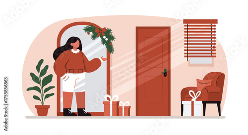 A young woman is expecting guests for a party in a stylish interior with gifts