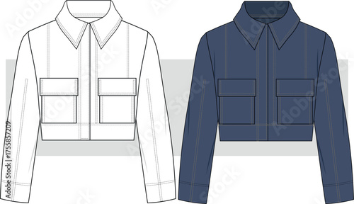 Women Cropped Denim Jacket Fashion Drawing, Illustration. Casual Coat Vector. CAD, Mockup.