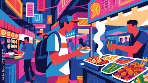 Illustration Of Shopper At A Bustling Street Food Market, Buying Exotic Snacks From A Food Vendor, With Smoke And Vibrant Signs Vector Design Template