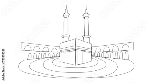 Hajj one line illustration. Hand drawn vector continuous sketch isolated on white background. Kaaba design