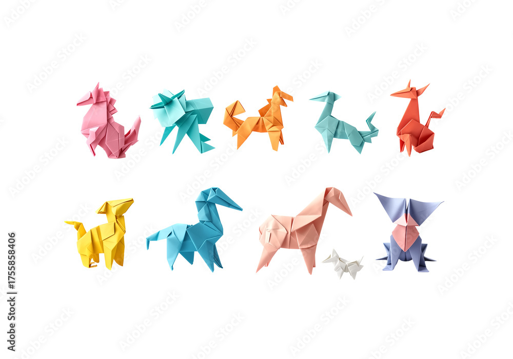 Obraz premium colorful origami animals, folded paper art, minimal shadow, cris