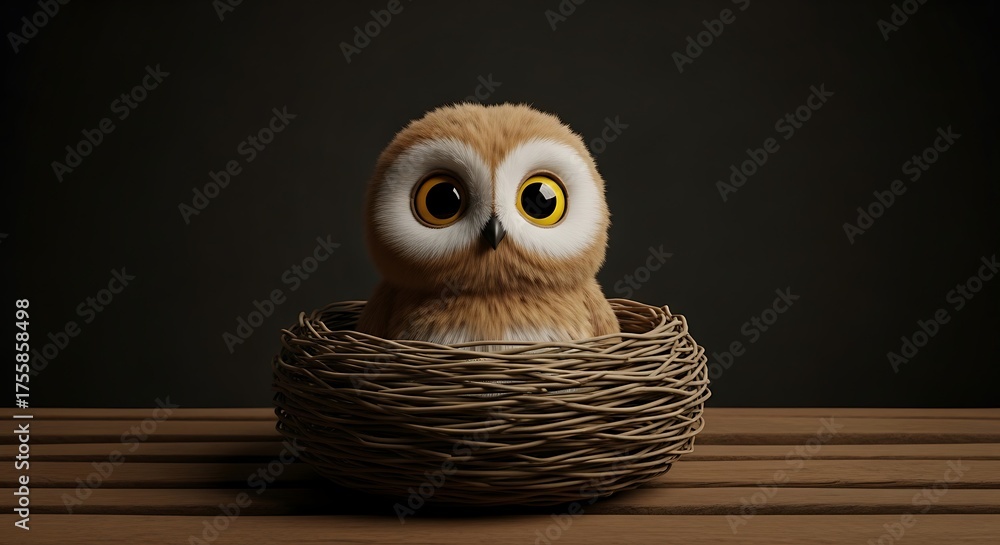 Obraz premium A cute, fluffy baby owl with big eyes sits in a woven nest on a wooden surface.
