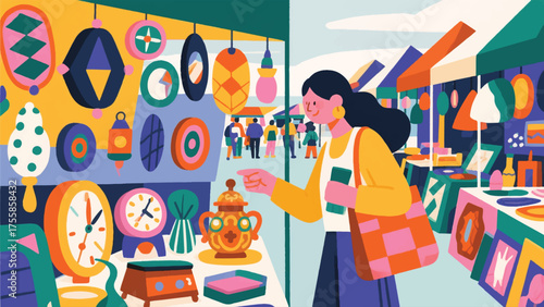 Illustration Of Shopper Finding A Unique Antique At A Bustling Flea Market, With Quirky Items And Curiosities Vector Design Template