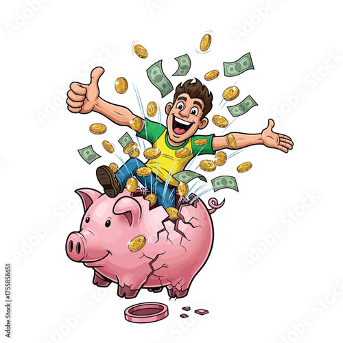 Joyful man bursts from a shattered piggy bank showered in falling coins and cash, celebrating financial freedom and wealth.