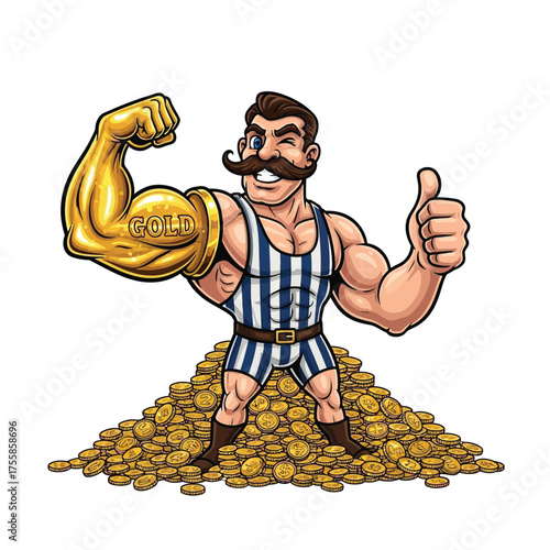 Mighty muscleman flexing golden arm inscribed with 'GOLD' stands proudly atop a treasure trove of shining coins, exuding wealth and success.