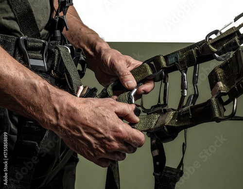 Close-up of a man's hands adjusting the straps and buckles of a complex harness system, likely for climbing or safety equipment.