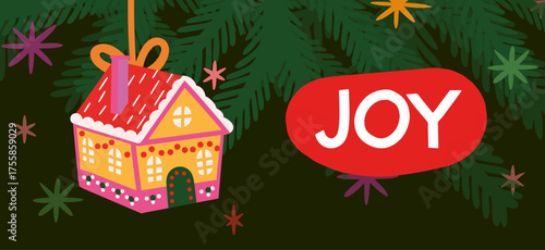 Merry Christmas and Happy New Year greeting card or banner. Modern beautiful Xmas design with typography, Christmas tree branches, balls and toys. Art poster, cover, decor templates	
