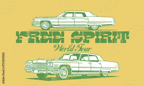 Vintage illustration of two classic sedan cars. Retro Free Spirit World Tour artwork for automotive t shirt print, poster