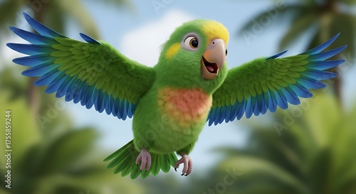 A vibrant animated parrot with green feathers, blue wingtips, and a yellow head, flying with open wings.