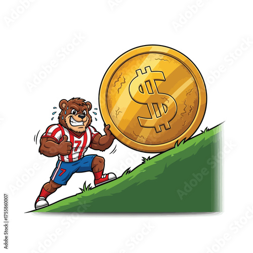 Determined bear mascot struggles pushing giant golden dollar coin uphill, symbolizing financial effort and hard work towards wealth.