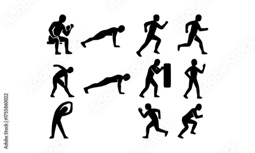 Set of Silhouettes Representing Various Fitness Exercises and Athletic Movements