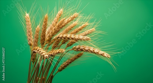 Close-up of Wheat Stalks on a Green Background.