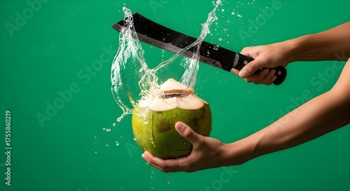 Coconut water splashing as it is cut open.