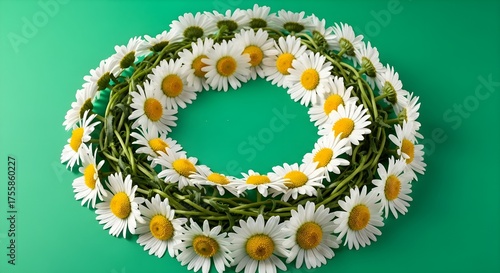 Daisy Wreath on Green Background.