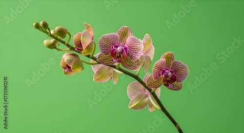 Delicate Orchid Blossoms on a Green Background.