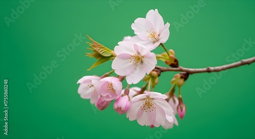 Delicate Pink Cherry Blossoms on a Branch Against a Vibrant Green Background.