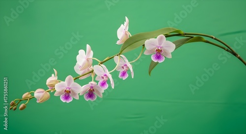 Delicate Orchid Blossoms on a Green Background.