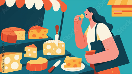 Illustration Of Shopper Sampling Cheese At A Gourmet Food Market, With Different Cheeses And A Small Tasting Vector Design Template